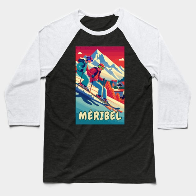 A Vintage Travel Art of Meribel - France Baseball T-Shirt by goodoldvintage